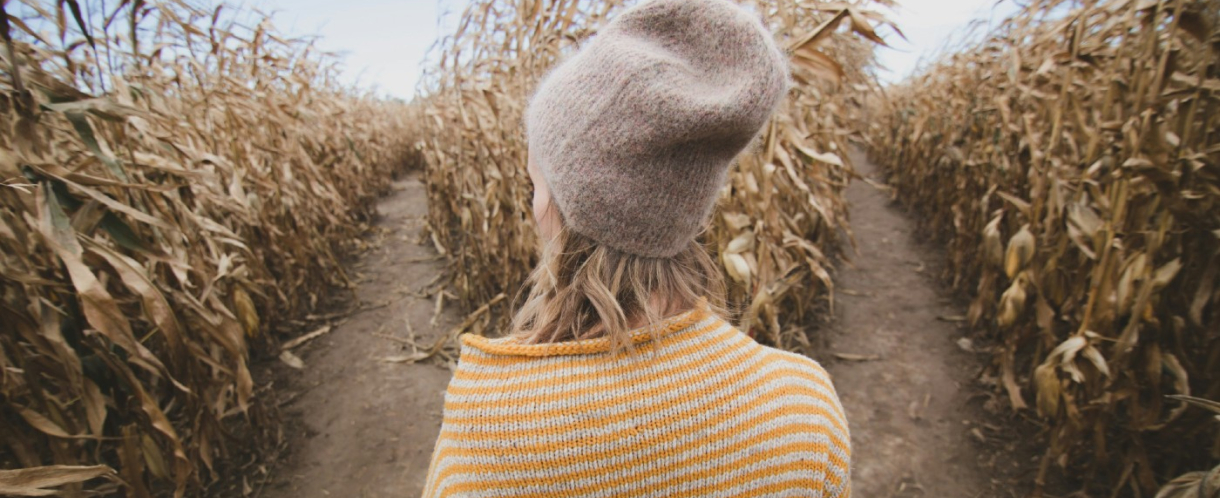 Image of a woman choosing between two paths in a field